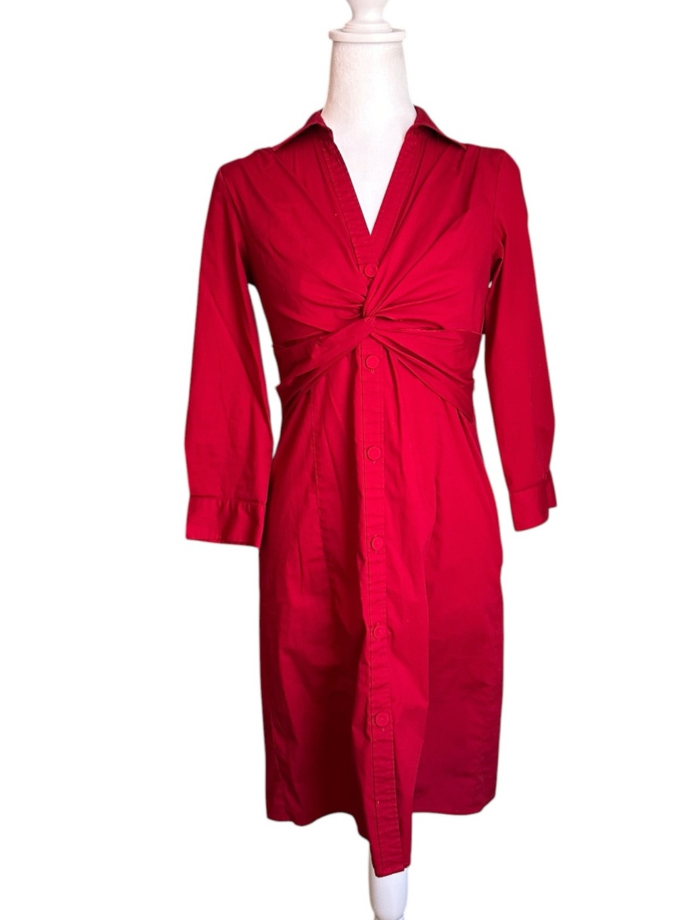 Anne Taylor Red Long Sleeve Fitted Button Twist Front Side Zip Dress size 2P